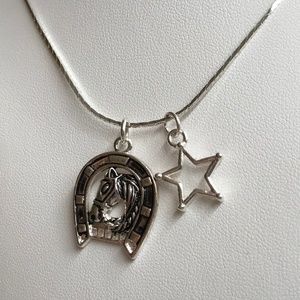 Silver Mustang Horse Necklace Horseshoe Star 18